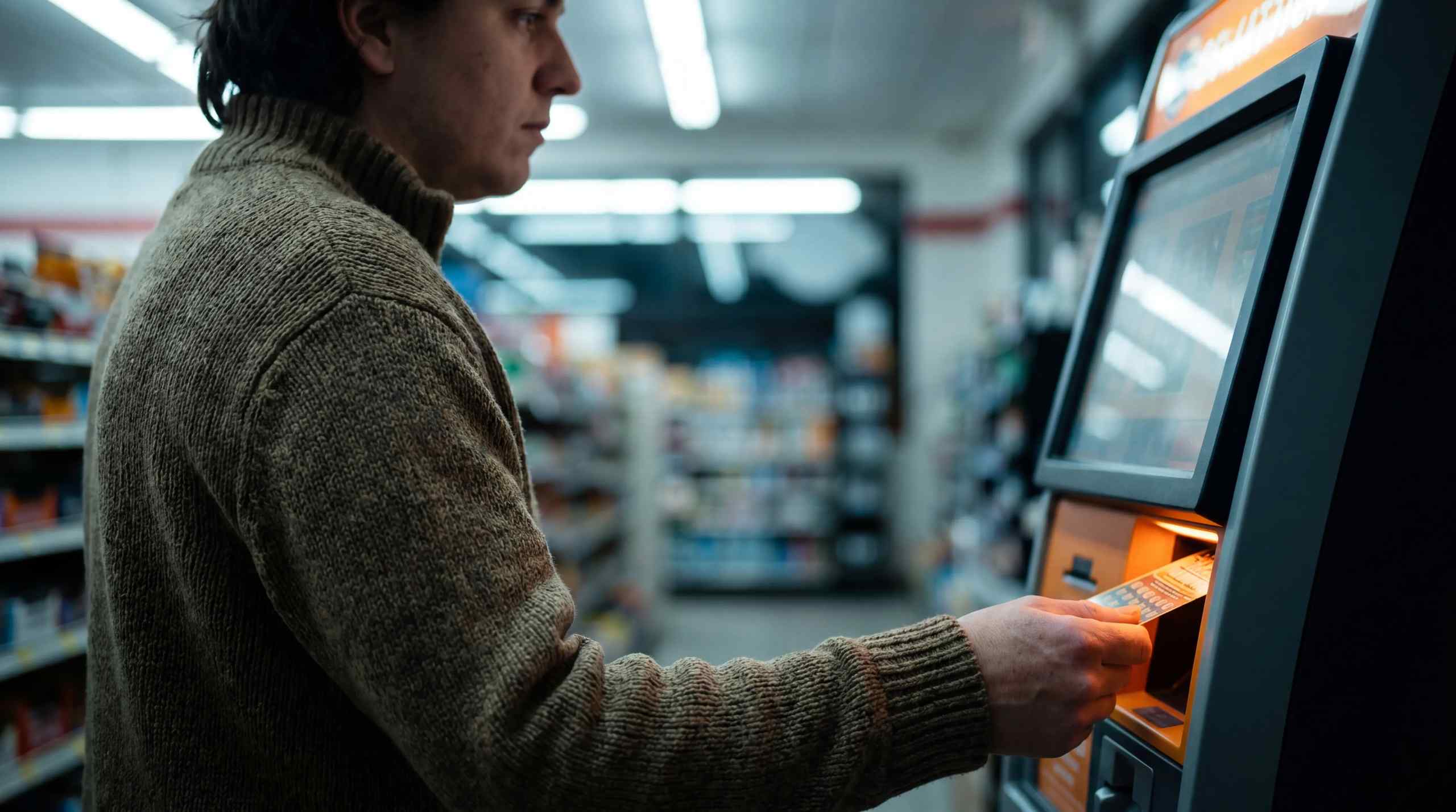 A man using an automated scratch-off validation kiosk.